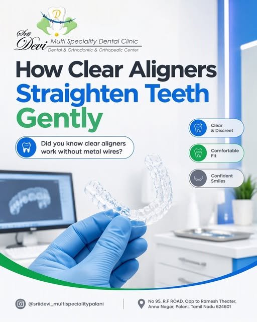Sri Devi Instagram artwork introducing clear aligners, with a gloved hand holding an aligner